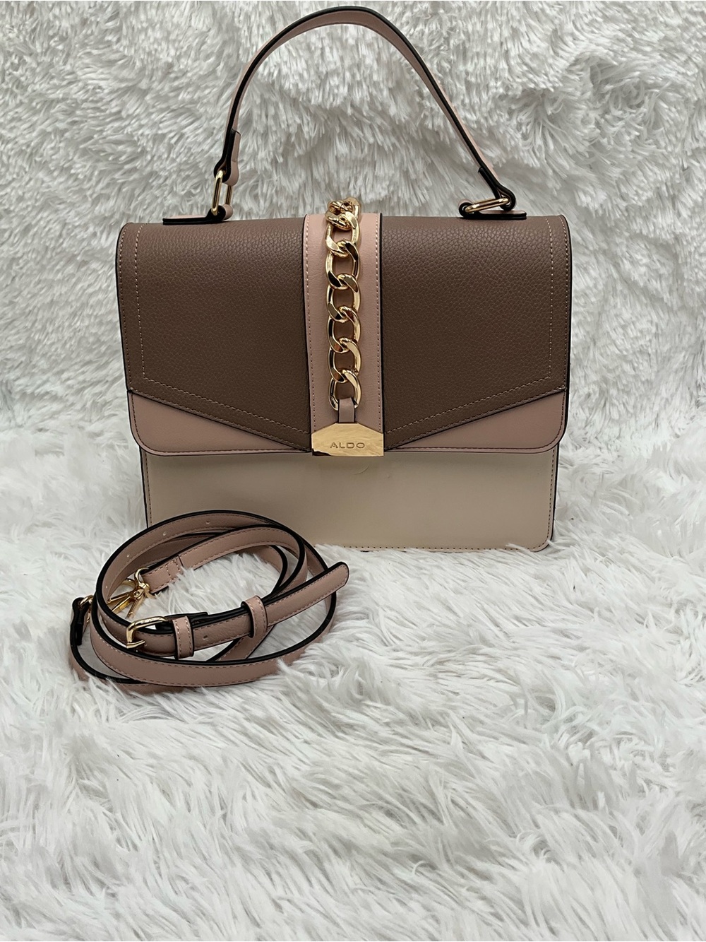 ALDO Satchel Crossbody Bag Colorblock Taupe Blush Cream W/ Gold Tone Accents